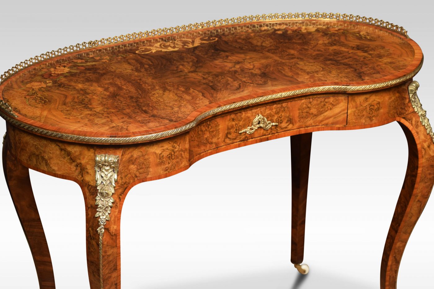 19th Century Burr Walnut And Marquetry Kidney Shaped Writing Table