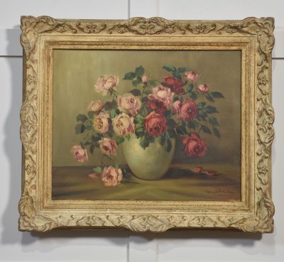 Still Life Oil on Canvas Roses in Vase